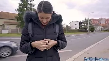 Play Lonely brunette shows tits before pickup and has public sex